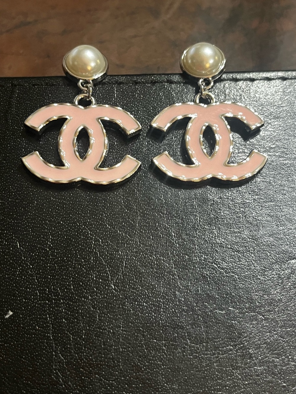 Double C Designer Silver Tone Pink Letter Logo Dangle Earrings